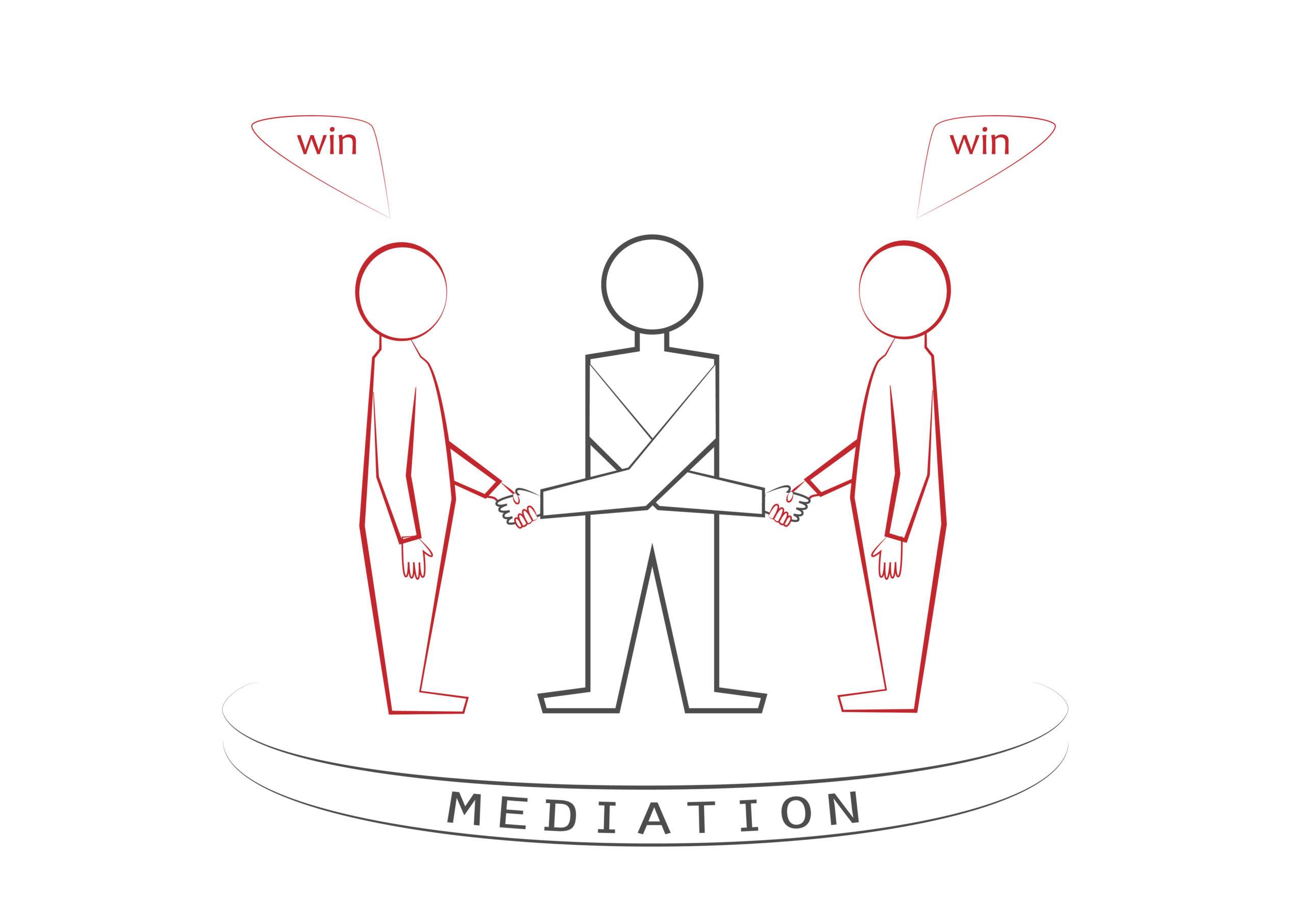 mediator and two persons handshaking isolated on the white background, winner - winner principle, win - win, front view, vector illustration, horizontal